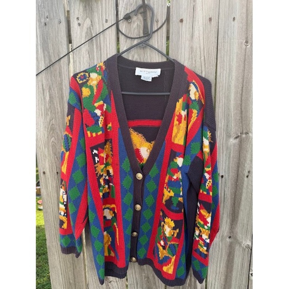 Vintage Maximalist Vittadini Sport Intarsia Cardigan L Multi Color Novelty Knit